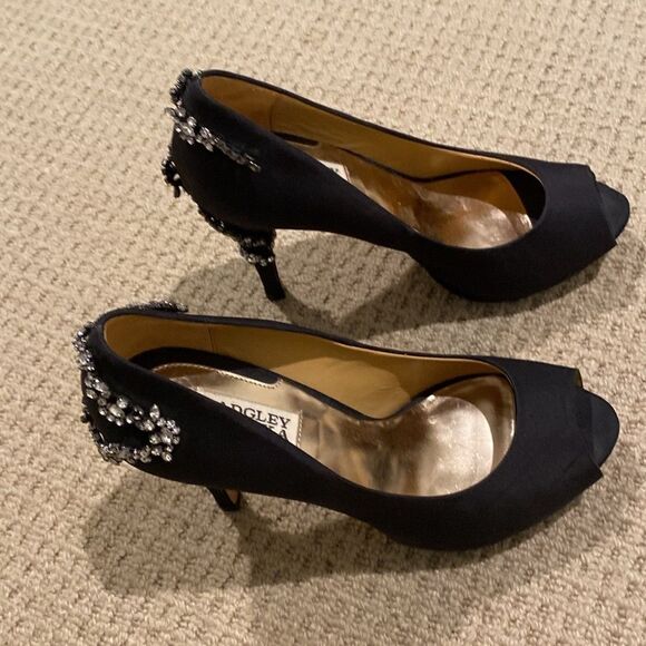 Badgley Mishka Black Satin Peep toe Heels with Crystal Embellishments Size 9 - Picture 4 of 7
